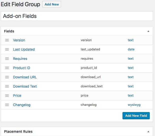 Grupo de campos con ocho campos creados a través del complemento Custom Field Suite